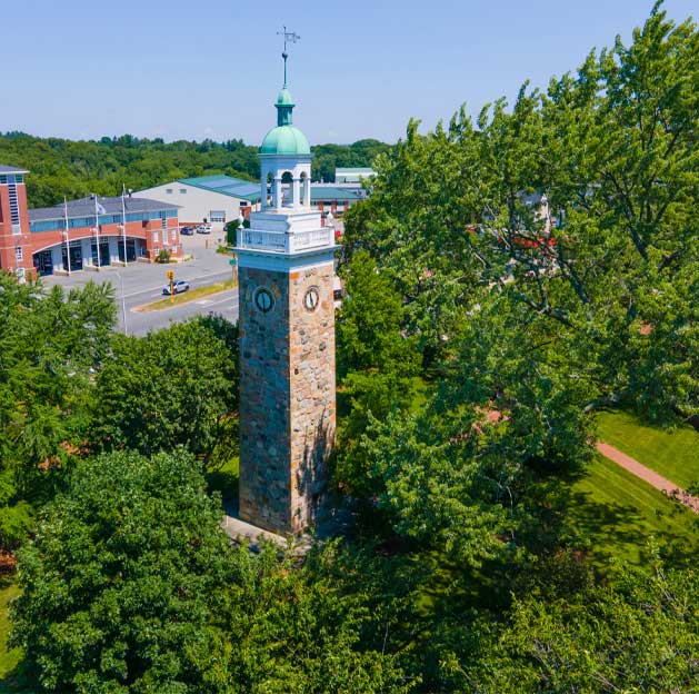 Isaac-Sprague-Memorial-Clock-Tower-Wellesley-MA Isaac Sprague Memorial Clock Tower aerial view at Elm Park in Wellesley Hills in town of Wellesley, Massachusetts MA.